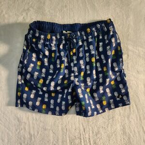 Sperry Mens Navy Pineapple Print Swim Trunk Shorts Sz L Elastic Waist Drawstring